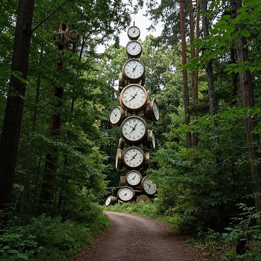 Photograph of a forest path with a tall, vertical stack of large, white clock faces, surrounded by dense green trees.