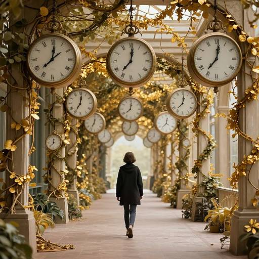 Photograph of a woman in a black coat walking down an ornate, clock-filled, vine-adorned corridor with golden leaves, under a glass