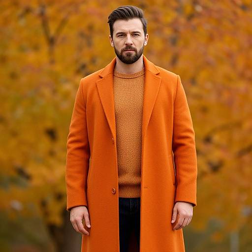 Photograph of a bearded man with dark hair, wearing an orange coat and matching sweater, standing against a backdrop of autumn leaves in vibrant orange and