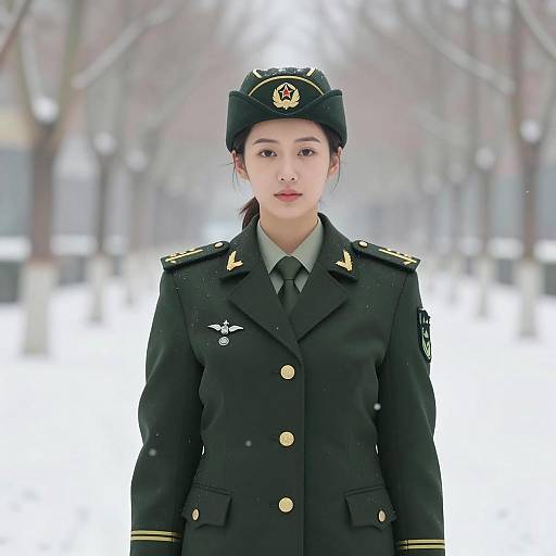 Elegant Young Woman in Military Attire