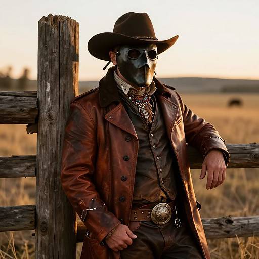 Photograph of a masked cowboy in a brown leather coat, wide-brimmed hat, and dark sunglasses, leaning against a wooden fence at sunset.