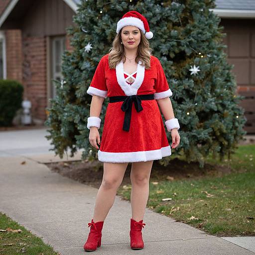 Photograph of a smiling woman in a red Santa dress with white trim, black belt, red boots, and Santa hat, standing in front of a