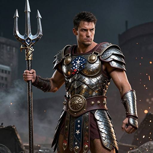 Photograph of a muscular, dark-haired man in shiny, star-emblazoned Roman-style armor holding a trident, standing in a smoky
