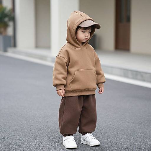 Photograph of a young Asian boy in a brown hooded sweatshirt, brown pants, and white sneakers, standing on a street.