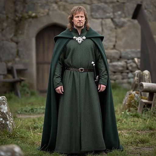 Photograph of a bearded man with long brown hair, wearing a dark green medieval cloak and robe, standing in a grassy graveyard with a stone