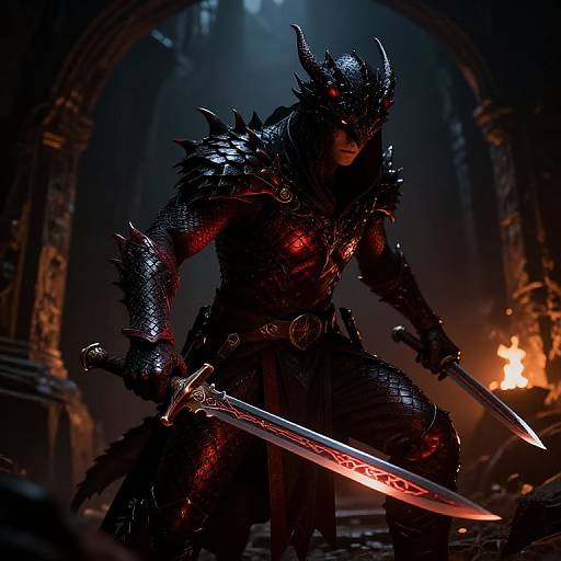 Dark fantasy warrior in black, spiked armor with glowing red accents, holding a blood-stained sword, stands in a dimly lit, fiery ruin.