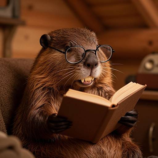 Photograph of a brown beaver with black-rimmed glasses, reading a book in a cozy wooden cabin, with warm, dim lighting.