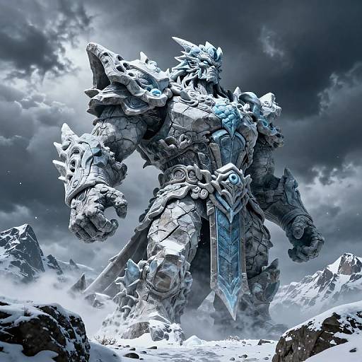 Digital art of a massive, icy, armored warrior with glowing blue accents and a mountainous, snowy landscape in the background.