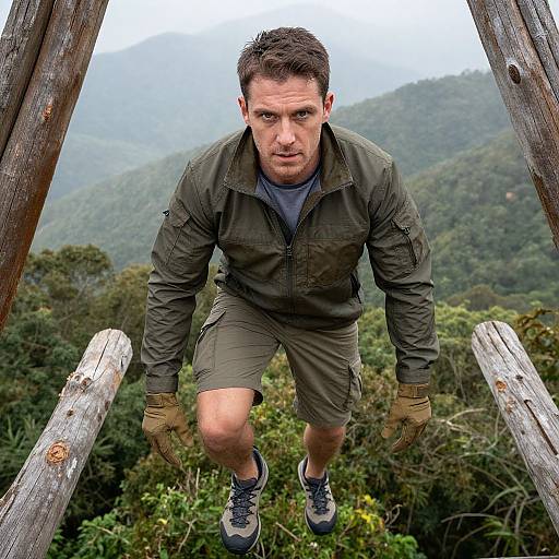 Photograph of a determined, muscular man in green jacket and khaki shorts, jumping between wooden beams in a lush, mountainous forest.