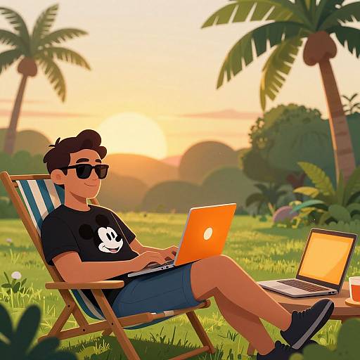 Cartoon-style image of a relaxed man with dark hair, sunglasses, black t-shirt, shorts, and sneakers, using two laptops in a sunny,
