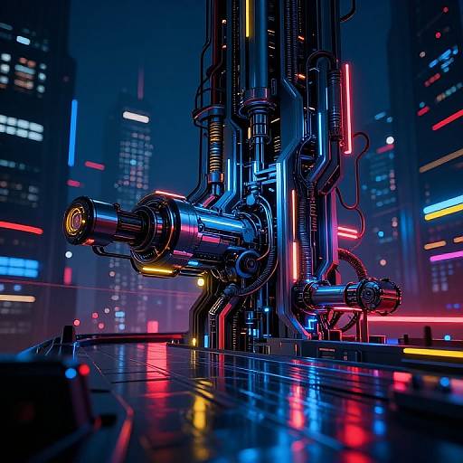 Neon-lit cyberpunk cityscape with futuristic metallic pipes and vibrant multicolored lights reflecting on glossy, wet ground. High-tech, sci-fi