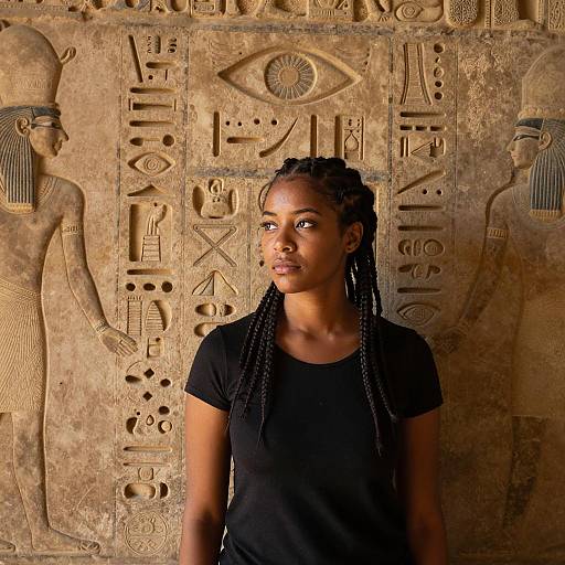 Young Woman in Front of Ancient Egyptian Hieroglyphs