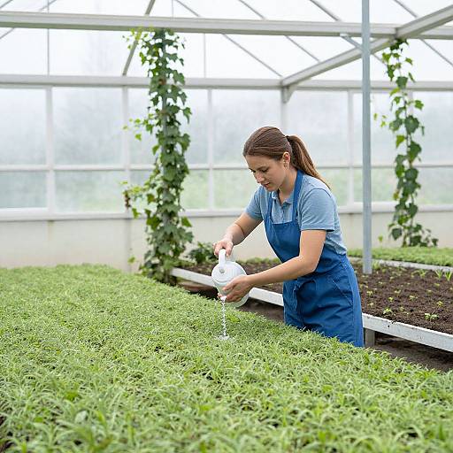 Photograph of a young woman with brown hair in a ponytail, wearing a blue apron over a light blue shirt, watering lush green plants in