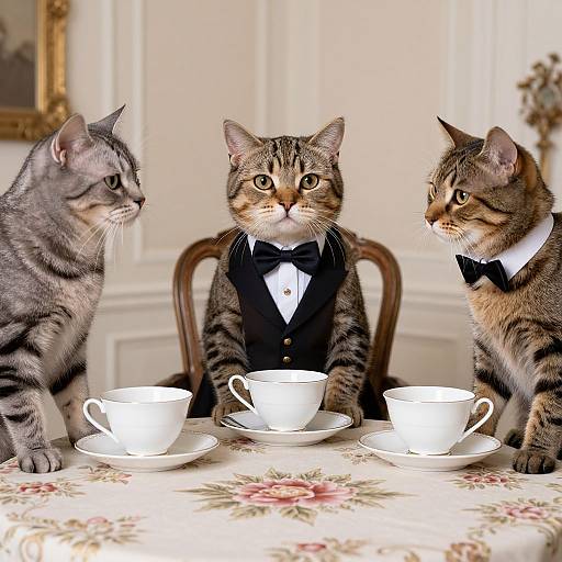 Photograph of three tabby cats in black bow ties, sitting at a floral tablecloth-covered table with three white teacups.