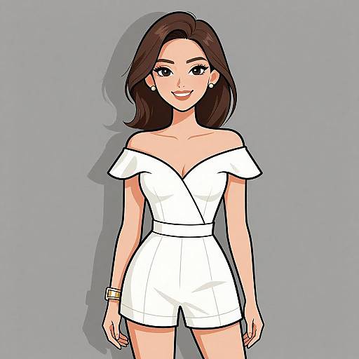 Digital anime-style drawing of a smiling woman with light skin, brown hair, wearing a white off-shoulder jumpsuit, and earrings, against a