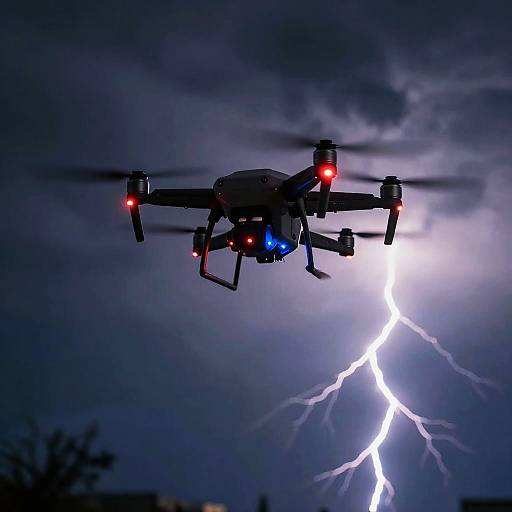 Photograph of a drone with red and blue lights flying against a stormy night sky with a vivid lightning bolt.