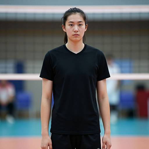 Photograph of a focused Asian woman with straight black hair in a ponytail, wearing a black t-shirt and black pants, standing in a brightly lit