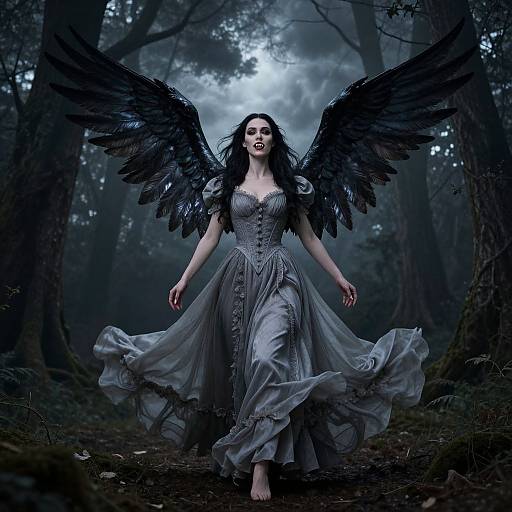 Photograph of a dark-haired woman with black feathered wings, wearing a flowing gray dress, barefoot in a misty, moonlit forest.