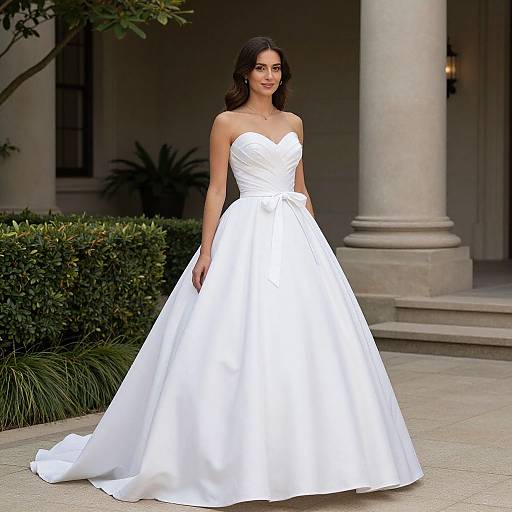 Photograph of a beautiful woman with dark hair wearing a strapless, white, sweetheart neckline wedding gown, standing outdoors by a columned building.
