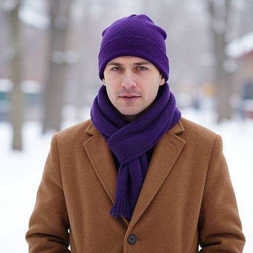 Photograph of a middle-aged Caucasian man with light skin, wearing a purple beanie, matching scarf, and brown coat, standing in a snowy,