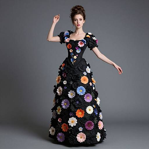 Photograph of a fair-skinned woman with dark hair in an elaborate black floral dress, standing against a gray background.