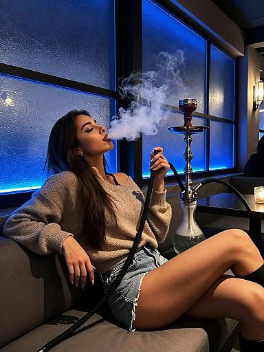 Reclining Woman Smoking Shisha in Blue Lounge