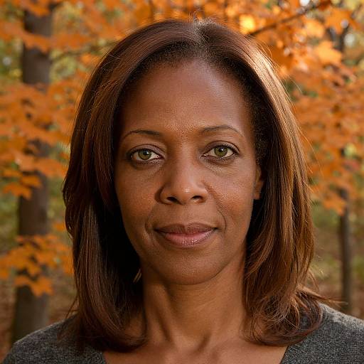 Photograph of a smiling Black woman with medium brown skin, straight brown hair, and green eyes, standing in an autumn forest with vibrant orange leaves.