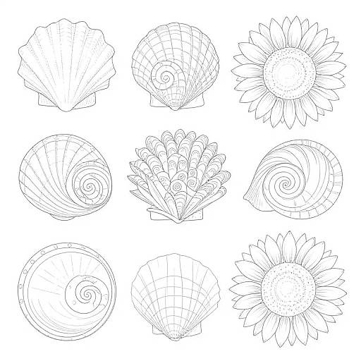 Black-and-white line drawing of nine seashells and sunflowers, arranged in a 3x3 grid, with detailed grid and spiral patterns.