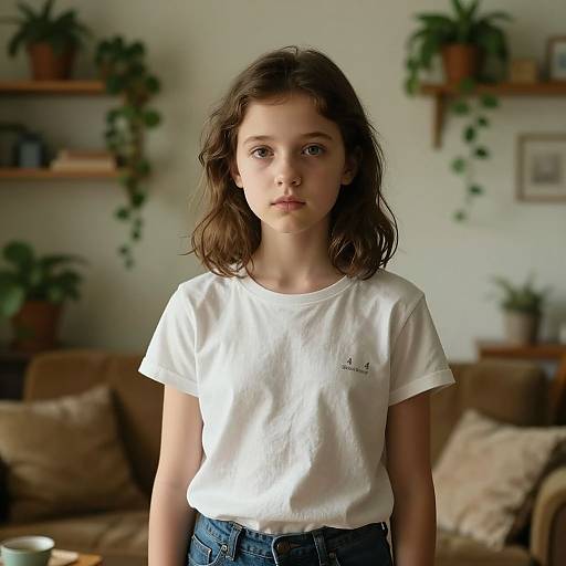 Photograph of a young girl with fair skin and wavy brown hair, wearing a white t-shirt and blue jeans, standing in a cozy living room