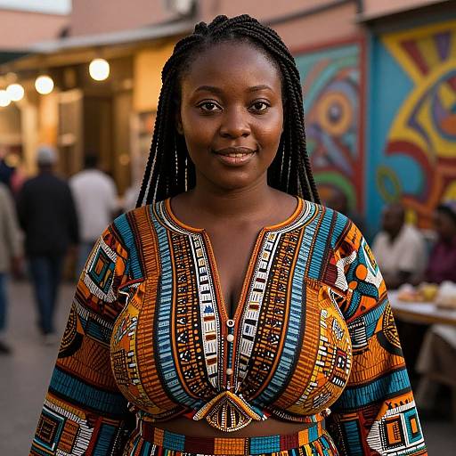 Photograph of a smiling Black woman with braided hair, wearing a vibrant, patterned, traditional African blouse, standing in a colorful, bustling outdoor