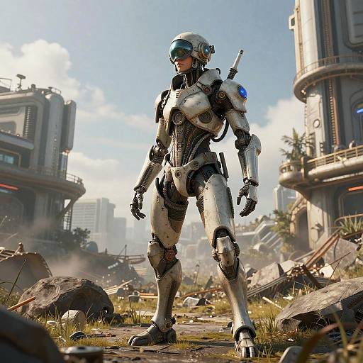CGI image of a futuristic humanoid robot with white and black armor, blue visor, standing in a post-apocalyptic cityscape with damaged buildings and