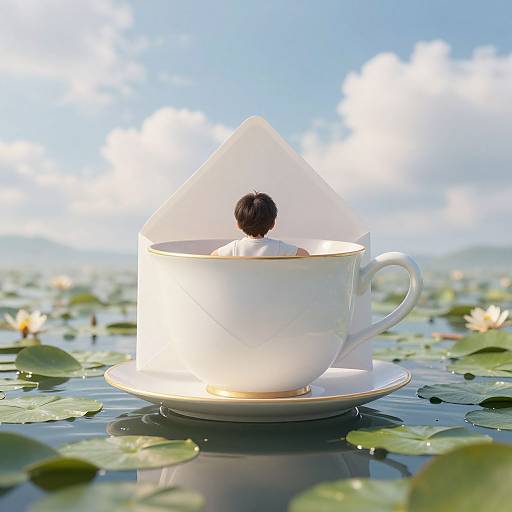Child in Teacup on Lily Pad Sea
