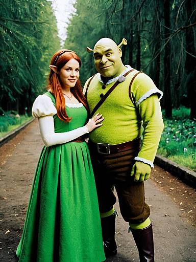 Couple in Shrek and Fiona Costumes in Forest