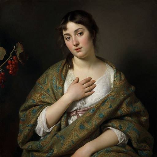 Photograph-style painting of a fair-skinned young woman with dark brown hair, wearing a patterned green shawl over a white dress, holding her