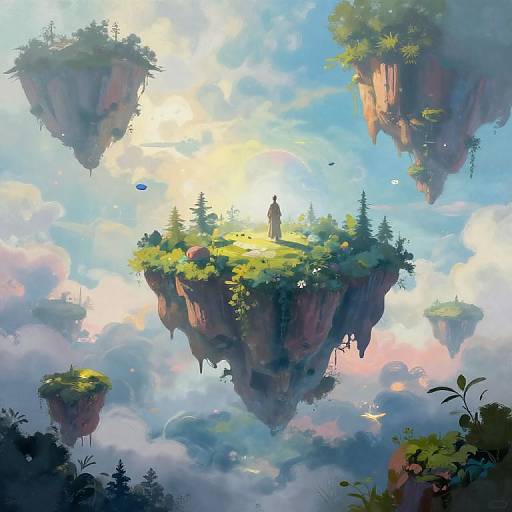Fantasy digital painting of floating islands with lush greenery, towering pine trees, and a lone figure in the center under a bright, cloudy sky.