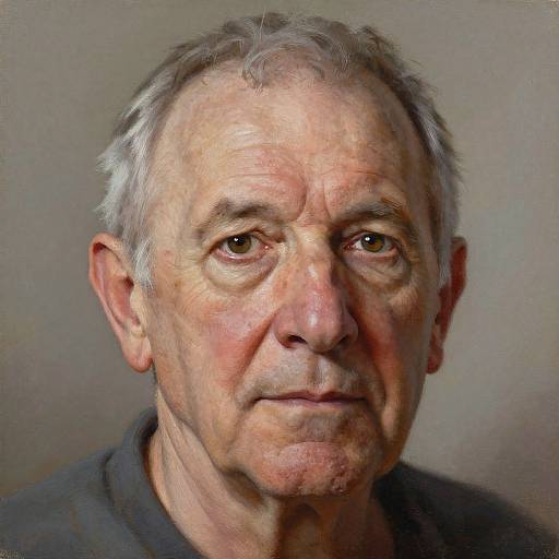 Photorealistic portrait of an elderly man with short gray hair, wrinkled skin, brown eyes, and a serious expression, wearing a dark shirt against