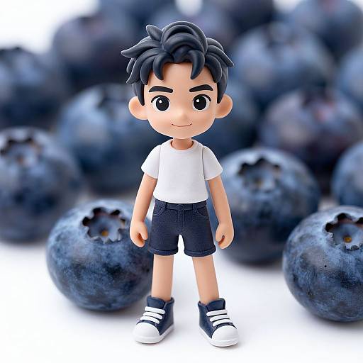 Digital illustration of a cute, cartoon-style boy with black hair, wearing a white t-shirt, black shorts, and black-and-white sneakers, standing among