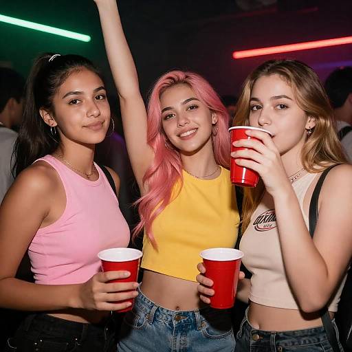 Three young women holding red cups at nightclub