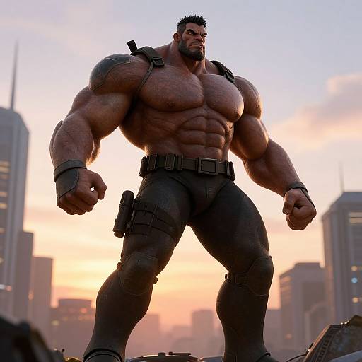 CGI image of a muscular, shirtless man with dark hair and beard, wearing black pants and a harness, standing in a cityscape at sunset