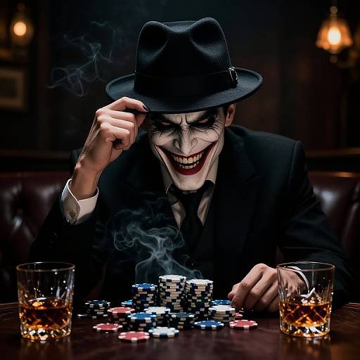 Photograph of Joker character with white face paint, black hat, and suit, grinning widely while holding hat, stacking poker chips, and drinking whiskey
