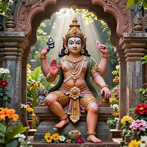 Hanuman Statue in Lush Temple Garden