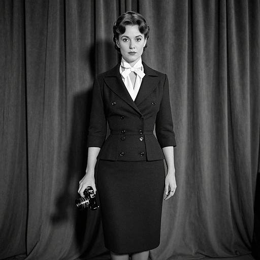 Black-and-white photograph of a serious-looking woman in a 1940s-style black double-breasted suit, white shirt, and knee-length skirt,