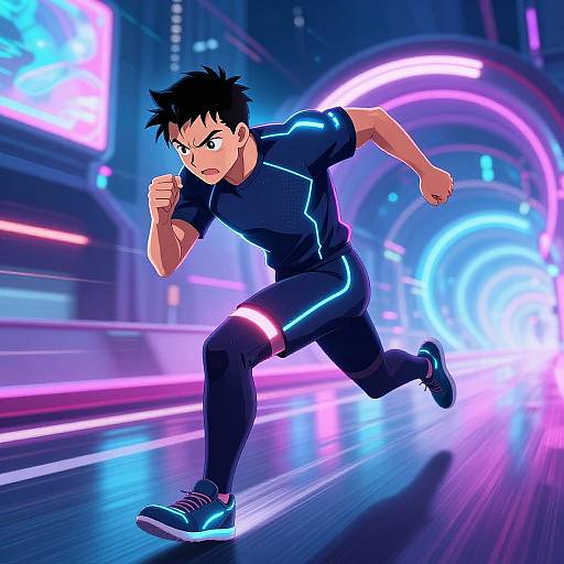 Anime-style digital illustration of a determined young man in a black athletic outfit, running through a neon-lit futuristic tunnel.