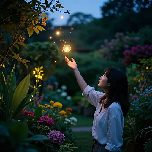 Photograph of a young woman with long brown hair, wearing a white blouse, gently touching a glowing fairy light in a vibrant, twilight garden filled with