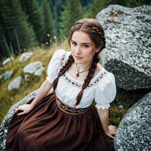 Young woman in alpine traditional dress sitting on rock