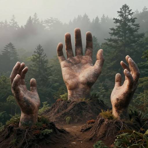 Photorealistic CGI of three giant, dirt-covered hands emerging from a forest dirt mound, surrounded by misty evergreen trees.