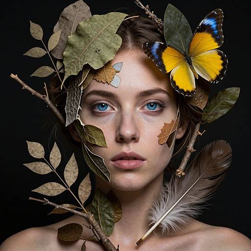Photograph of a fair-skinned woman with blue eyes, adorned with yellow butterfly, dried leaves, and a feather, against a black background.