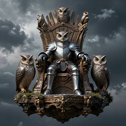 Digital artwork of an armored owl-human hybrid king seated on a wooden, throne-like chair with two owls flanking him, under a stormy sky
