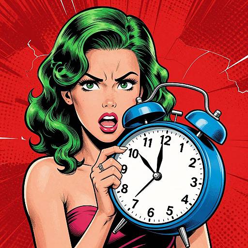 Comic-style drawing of a green-haired woman with angry expression, holding a blue alarm clock against a red, radiating background.