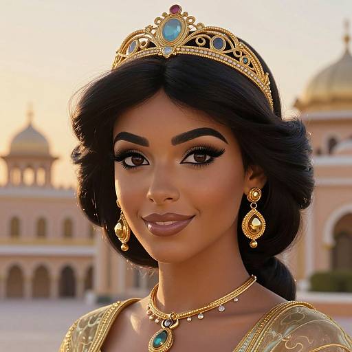 Photorealistic digital portrait of a beautiful, dark-skinned princess with black wavy hair, wearing a gold tiara, ornate earrings, and